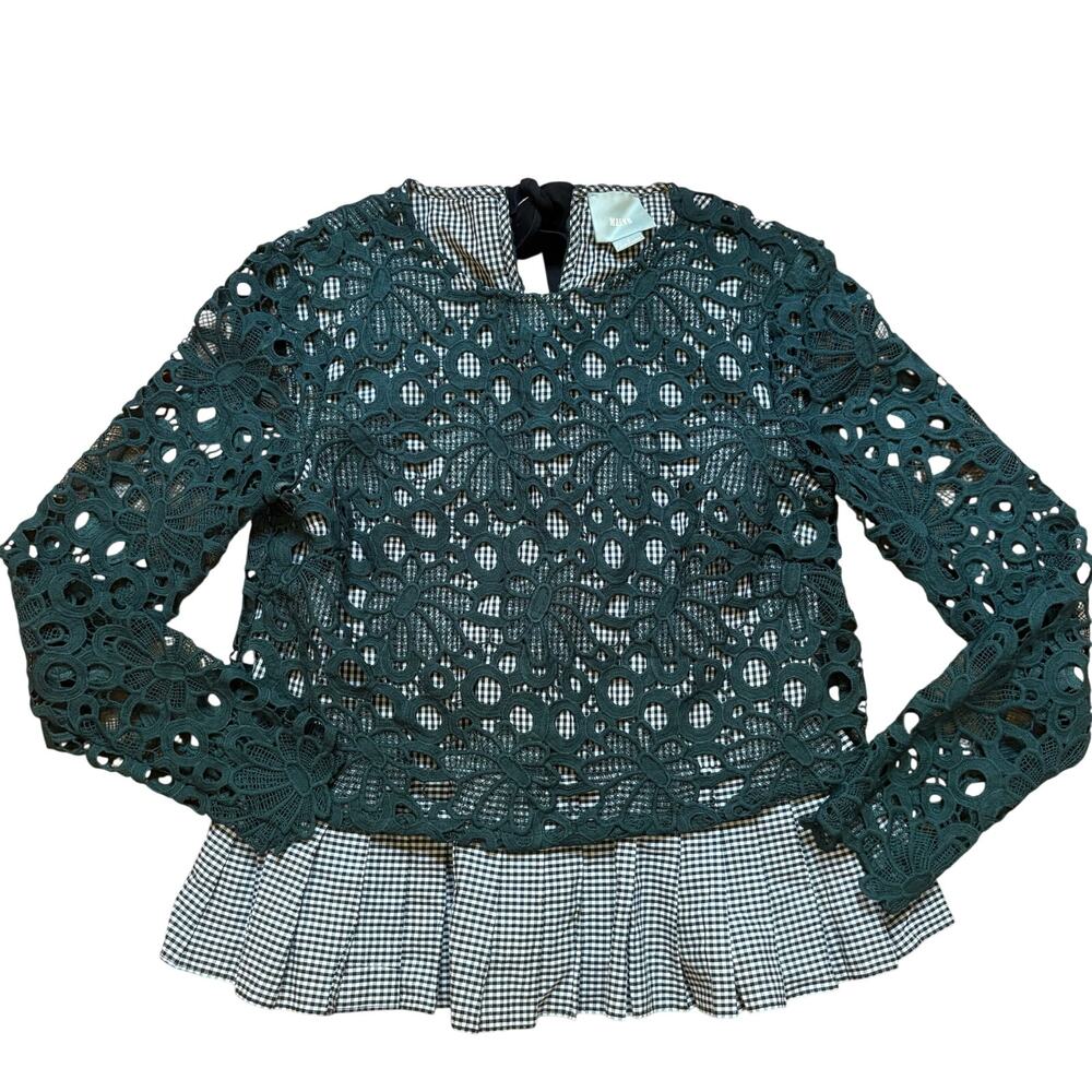 Anthropologie Mauve Gabriella black white gingham lace peplum‎ blouse SIZE S